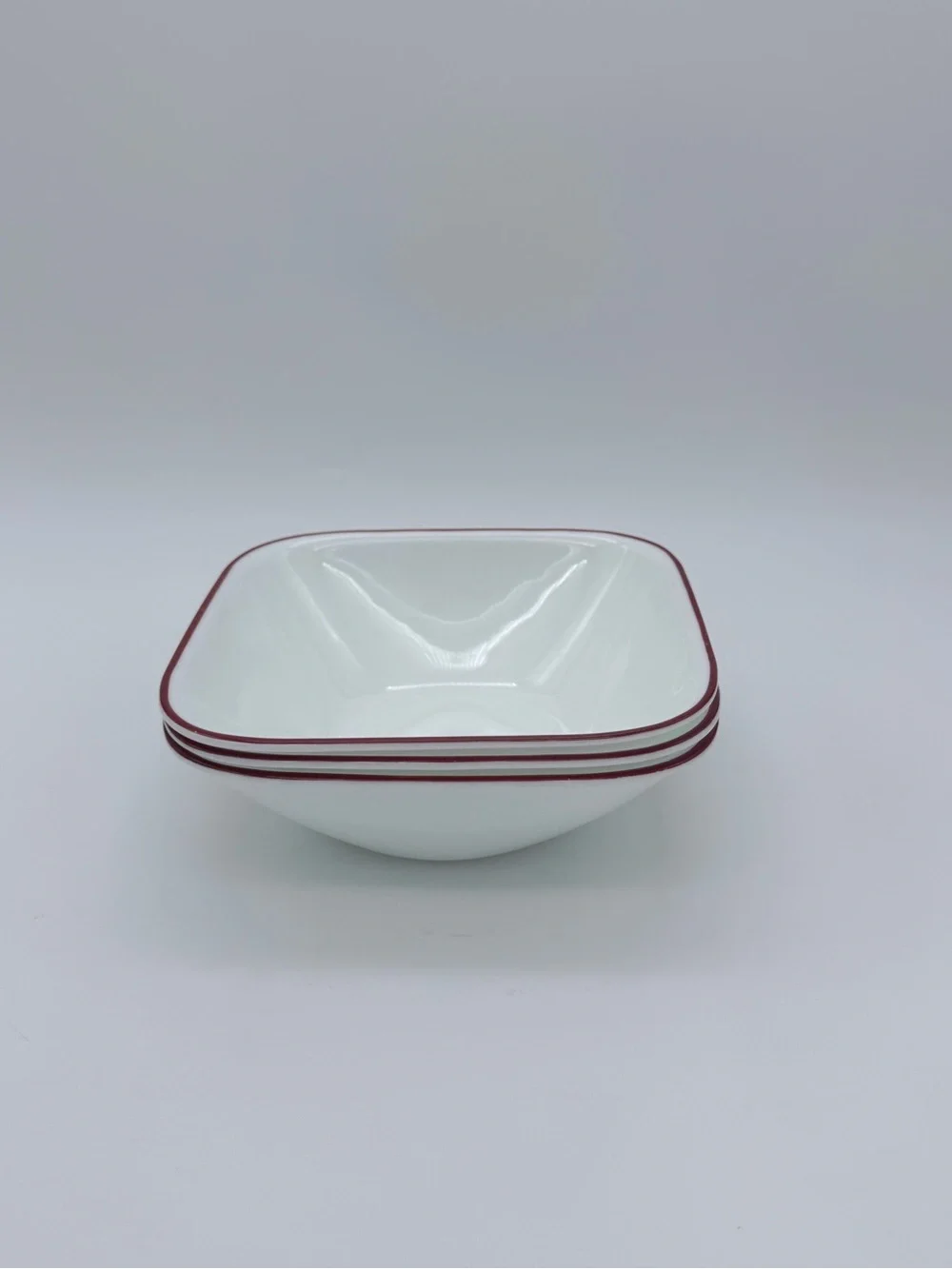 Corelle Vitrelle Square White Cereal Bowls Radiant Red Band Rim 6-1/4” Set Of 3